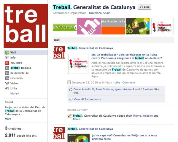 Antigua página del Departament de Treball de la Generalitat de Catalunya en Facebook Antigua página del Departament de Treball de la Generalitat de Catalunya en Facebook