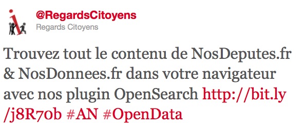 Tweet de RegardCitoyens sobre Open Search