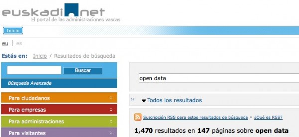 Suscripción a la búsqueda "open data" en Euskadi.net